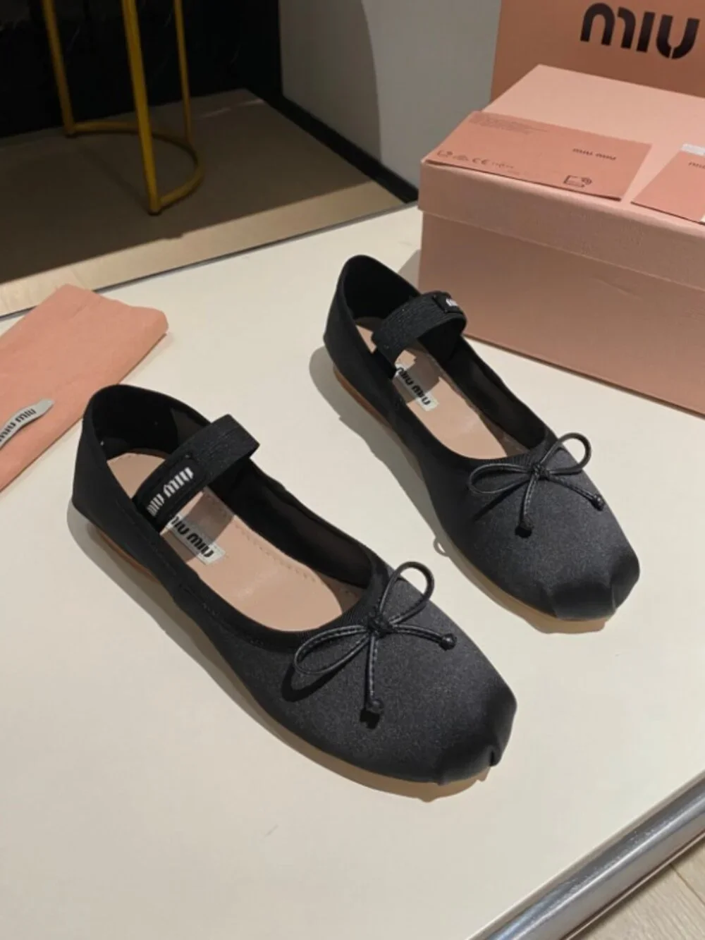 Miu Miu Black Flats Black Elastic Strap and Bow